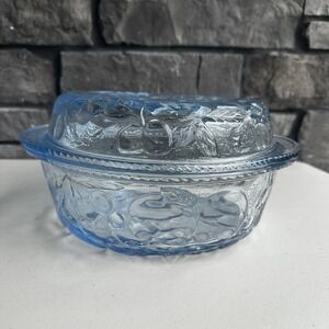 VTG Libbey Fruit Orchard Blue Glass Casserole Pie Dish Lid 3 Qt Cottage Granny